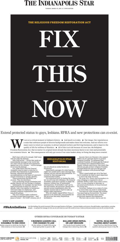 IndyStar front page, 3/31/2015.