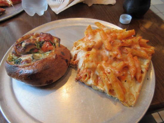 spinach calzone and baked ziti pizza!