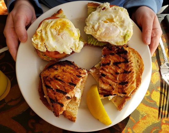 Grilled Salmon and Egg sandwich.