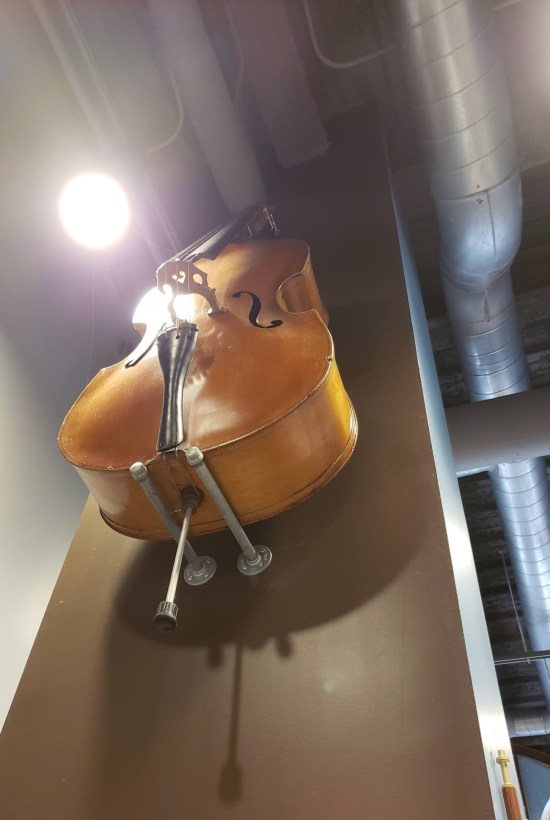 Cello hanging from a wall.