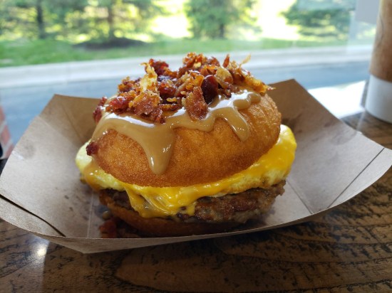 sausage egg and cheese on donuts