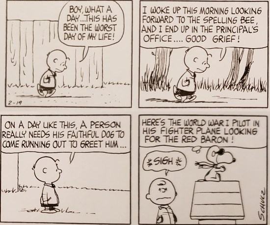 Charlie Brown comes home after spelling bee fail.