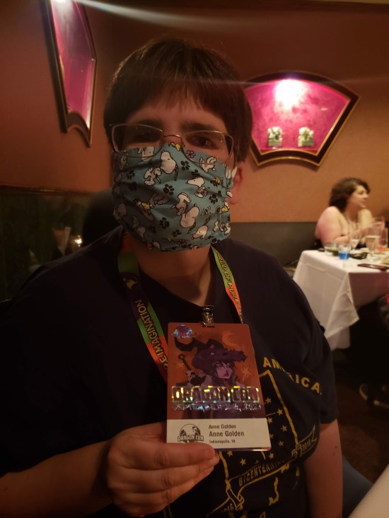 Anne and her Dragon Con badge!