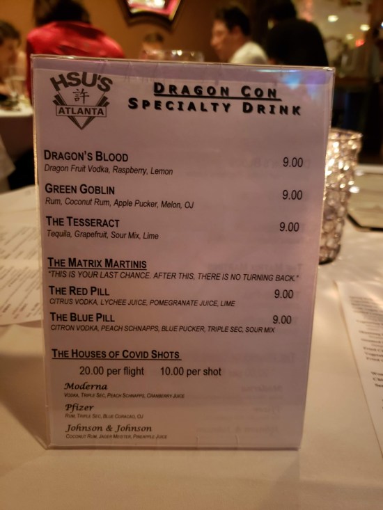 Hsu's Dragon Con 2021 drink menu.