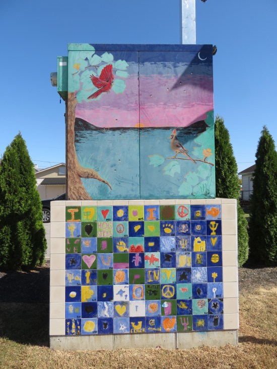 painted cardinal lightbox and mosaic, Corydon, Indiana