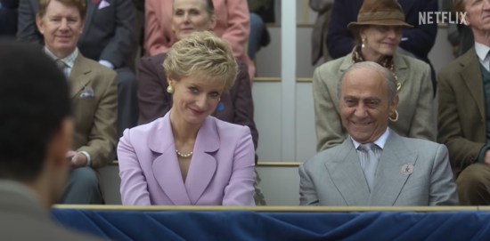 Elizabeth Debicki and Salim Daw at a horsing exhibition in episode 3 of The Crown season 5, "Mou-Mou".