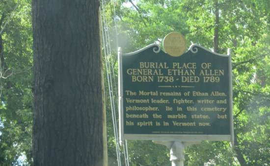 Ethan Allen historical marker at the front of the cemetery.