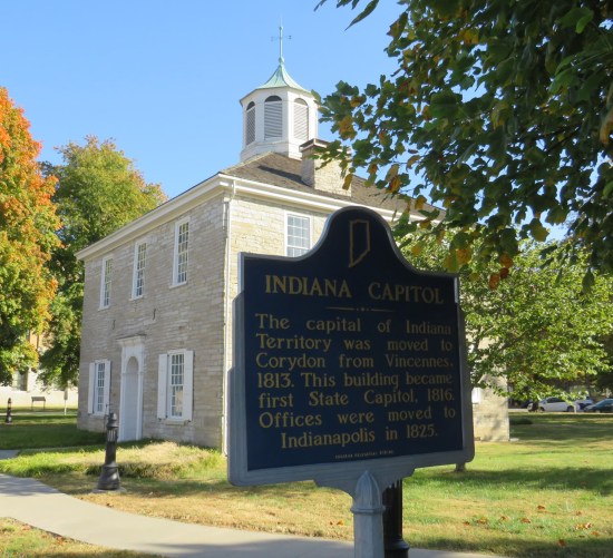 Historical marker titled "Indiana Capitol" in front of the old Capitol.
