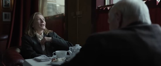 Cate Blanchett as Lydia Tar expounding upon the classical music world to a lunch companion in the film "Tar".