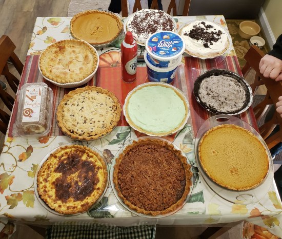 Ten pies brought to Anne's family's Thanksgiving this year.