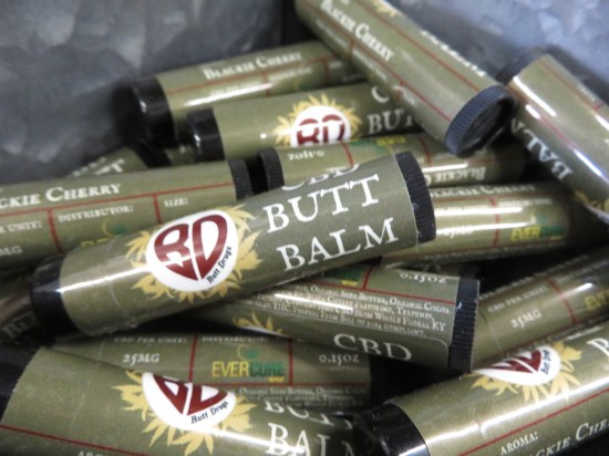 A basket full of Butt Drugs' own CBD lip balm sticks.