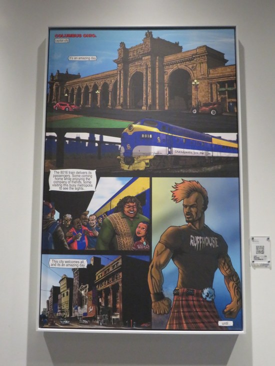 original comic art on a wall.