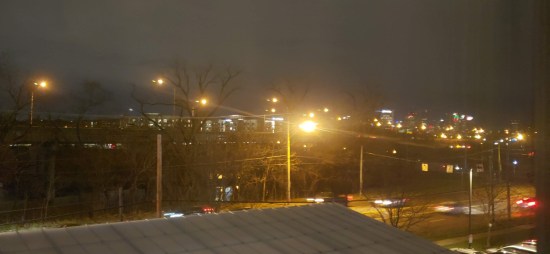 Our Columbus hotel view at night, mostly ugly.
