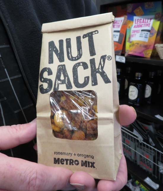 Trail mix sold in a bag with the giant boldface label "NUT SACK".