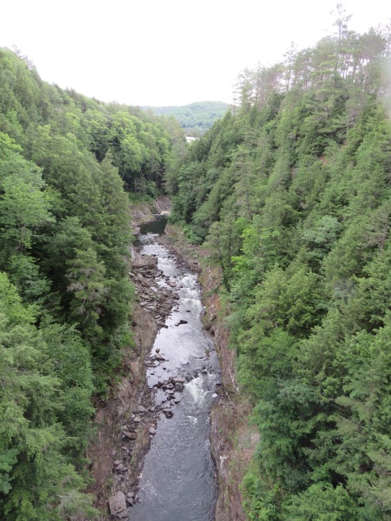 Quechee Gorge flowing north between trees and turning out of sight.