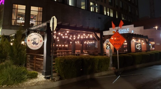 The Eagle Columbus at night, lit up.