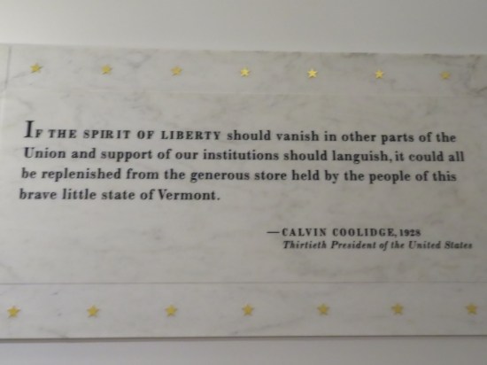 Calvin Coolidge quote written on a banner: "If the Spirit of Liberty should vanish in other parts of the Union and support of our institutions should languish, it could all be replenished from the generous store held by the people of this brave little state of Vermont." Seven stars line the top and bottom each.