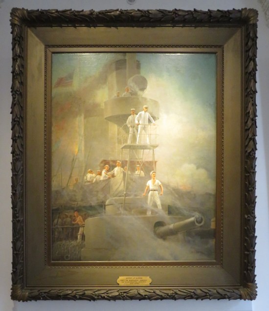 Panting: bunch of sailors standing atop a battleship under cloudy blue skies.