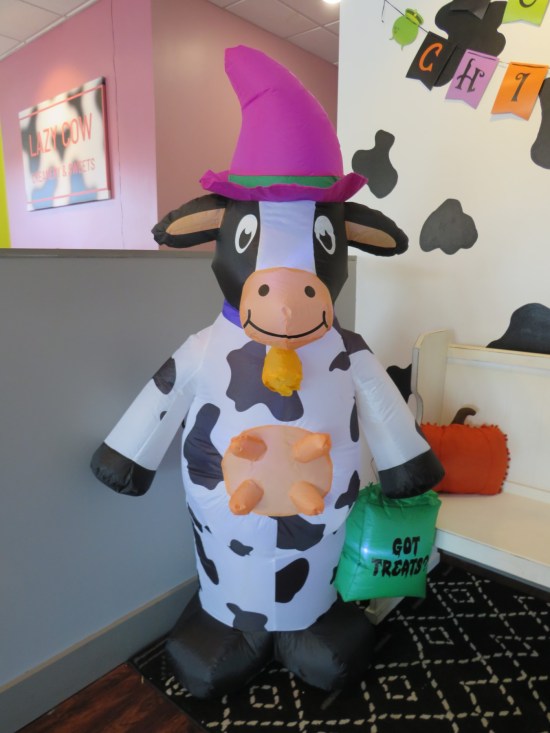 Inflatable cow standing on its hind legs, wearing a purple witch hat and holding a bag that says "GOT TREATS?"