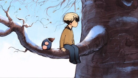 A mole and a boy sitting on a high tree limb in winter.