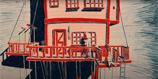 Father and son living in a house attached to a mountainside, rendered only in red, black and white.
