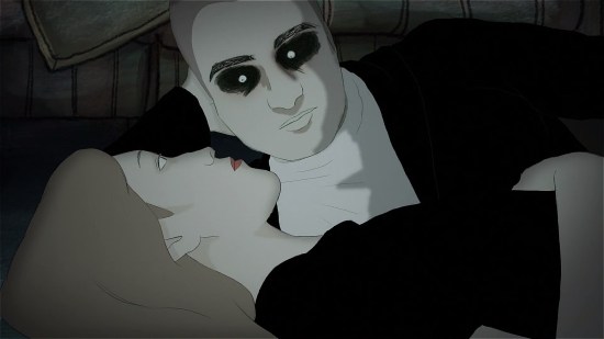 Animated straight-edge dude suddenly turning creepy next to his date.