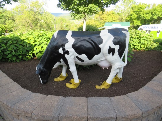 A cow statue with galoshes on all four hooves, standing in a circular flower bed.