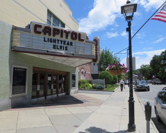 Theater marquee, other side, which simply lists "LIGHTYEAR" on the top row and "ELVIS" on the bottom.