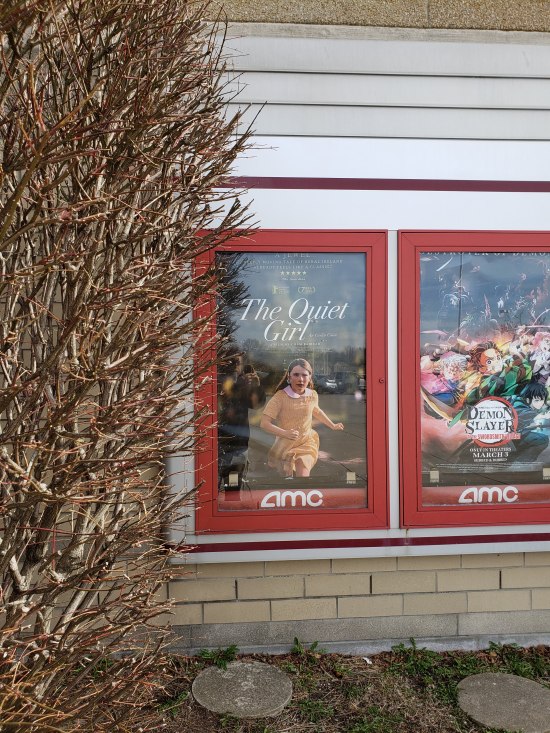 The Quiet Girl poster hanging on an outdoor AMC Theater wall, partly covered by a dead bush.