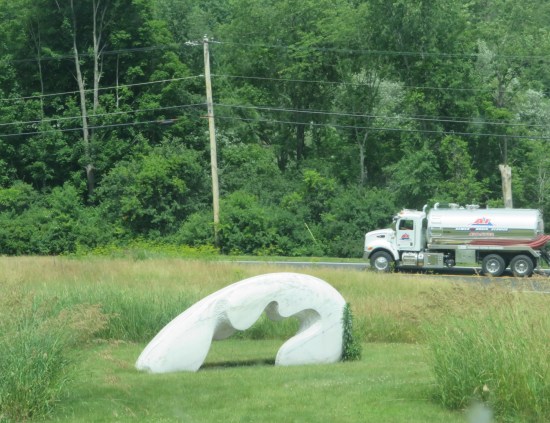 A marble half-circle embedded in the grass with an ogre-sized birdf-oot-shaped hole in the middle.