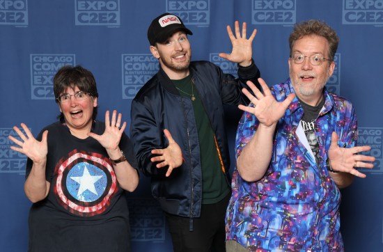 us with Chris Evans, all doing jazz hands, and he is smiling SO brilliantly.
