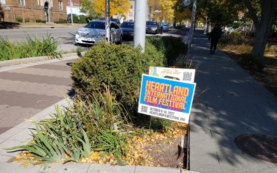A lawn sign advertising the Heartland Film Festival.