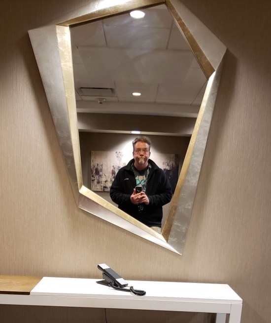 Selfie taken in a pretentiously asymmetrical mirror. I'm game and bleak, and my Atomic Robo T-shirt is plainly visible.