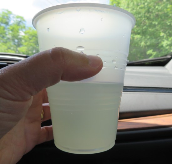 Anne holds up a plastic cup of lemonade in the car.