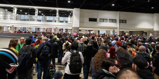 The middle of the C2E2 Saturday entrance line, very crowded again.