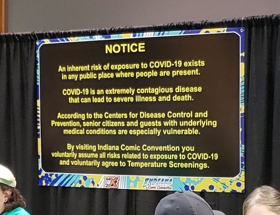 A lengthy disclaimer posted above the registration tables, cautioning attendees that COVID-19 was still a thing and ICC refused to be held liable if anyone caught it.