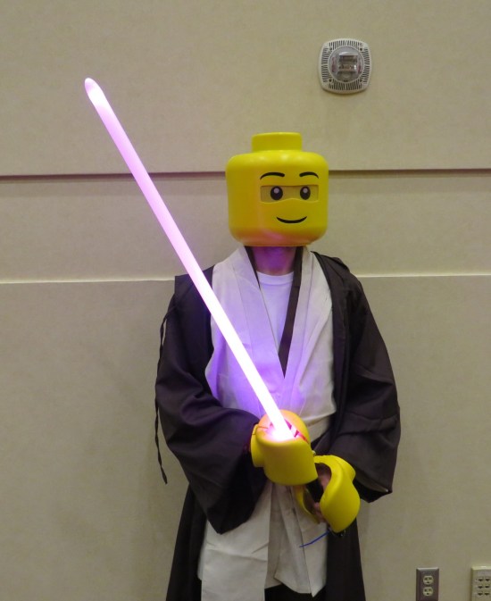 costume: Jedi robes with an entire helmet shaped like a Lego person head