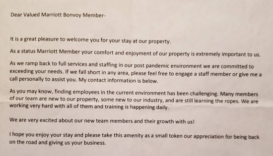 A letter from the Marriott advising they have a lot of new employees and asking us to be patient.