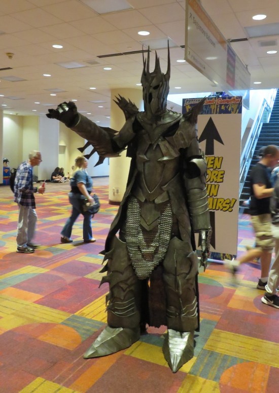 costume: Sauron, menacing folks in front of the escalator.
