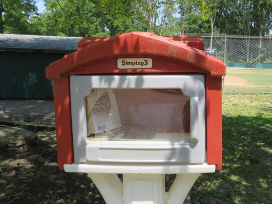 One of those "tiny libraries" that were all the rage. It has one book in it. There's a baseball field behind it.
