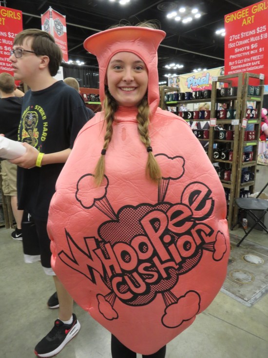 costume: a girl wearing a unitard-sized whoopee cushion.