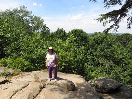 Anne smiling and standing on a rocky cliff, but it's surrounded by the tops of tall trees so it looks safer than it is.