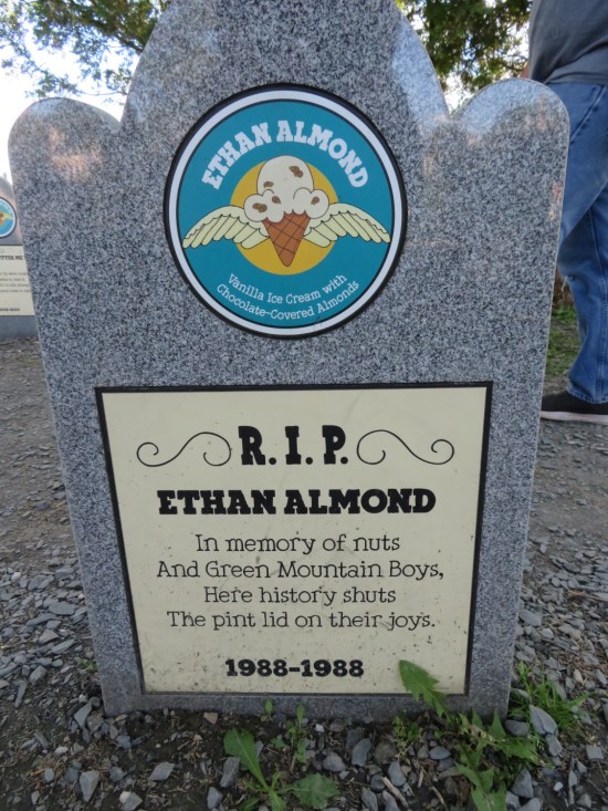 Ben and Jerry's Graveyard fake tombstone for their discontinued Ethan Almond flavor, which was vanilla ice cream filled with chocolate-covered almonds.
