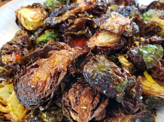closeup of Brussels sprouts, well done.