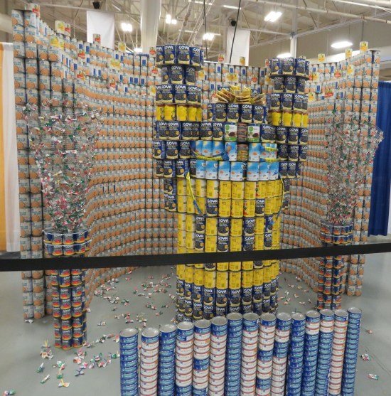 The Pacers mascot, made of cans.