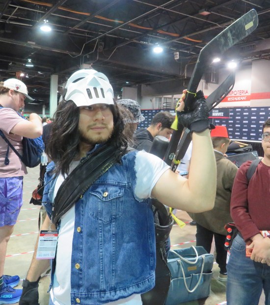 Casey Jones with hockey gear in a backpack.