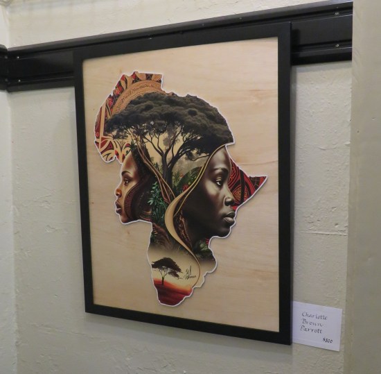 Painting: an outline of Africa containing multiple images -- women, trees, and Afrocentric patterns.