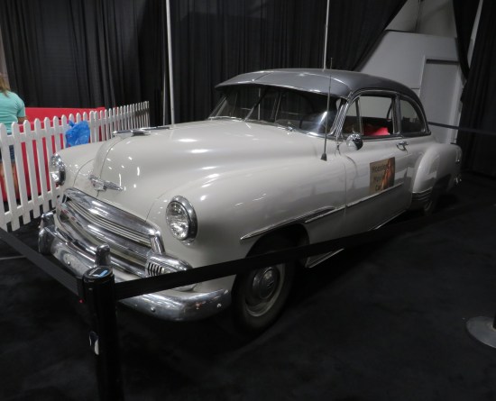 A 1951 white Chevy Deluxe.