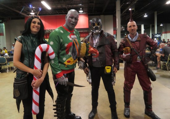 cosplayers as Mantis, Drax, Star-Lord and Kraglin