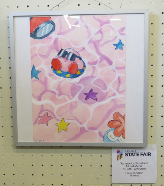 painting: Kirby!, the pink spheroid Nintendo game character, floating on a pink ocean with several starfish down on the ocean floor.
